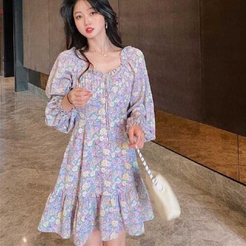 Female 2021 Summer Purple Floral Midi Dress Women Summer French Vintage One Piece Dress Korean Flower Elegant Strap Dress