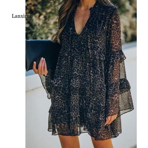 Sexy Leopard Print Dress Mesh Long Sleeve V-neck Chiffon Spring/Summer Fashion A-Line Casual Mini Dress