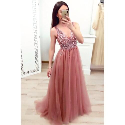 Pink Beading Prom Dresses 2020 High Split Tulle V neck Sleeveless Evening Gown A-line Lace Up Backless Vestido De LE40767