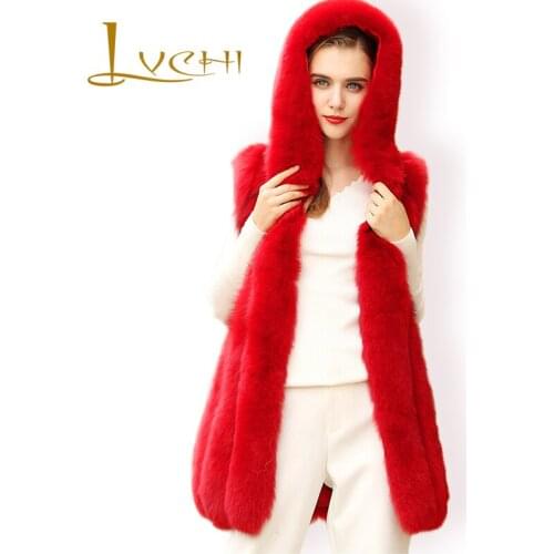 LVCHI Midi Vest Woman Gray Fox Fur Outerwear Winter 2019 Casual With Hood Ladies Fox Fur Coat Night-Out Fox Fur Vests Red Coats