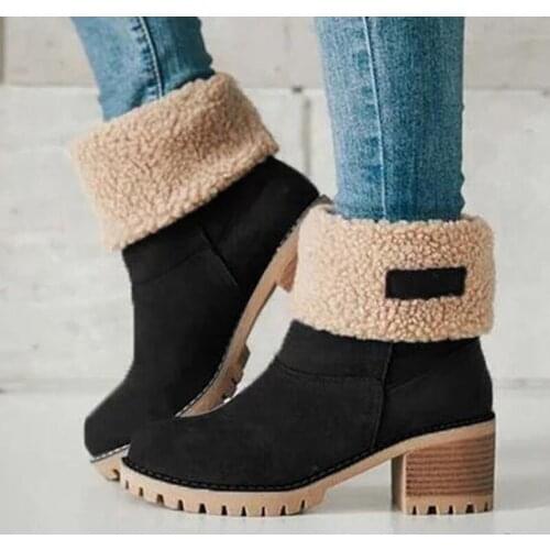 Squared Heel Women Winter Shoes Warm Fur Snow Ladies Boots High Heels Platform Ankle Boots Women Botas Martin Boots Plus Size 43
