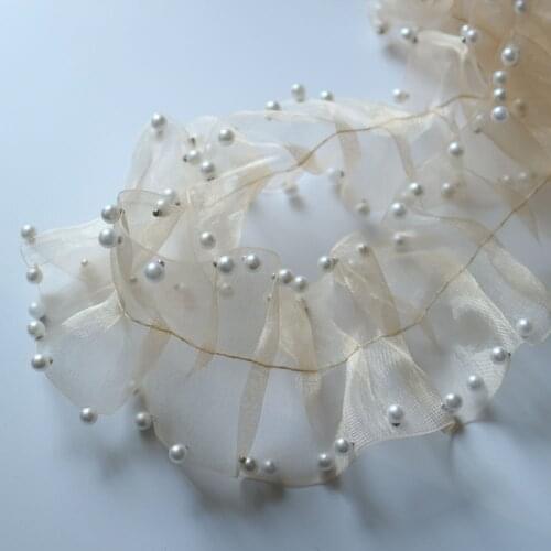 1yard Organza pearl beaded lace trims for wedding dresses Embroidery stirip lace trimmings for clothes Ribbons and trims