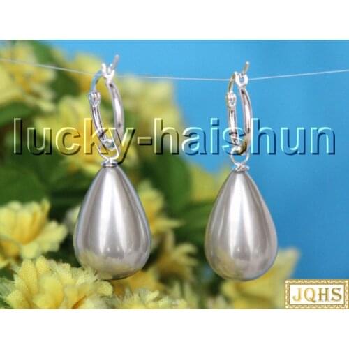 AAA Genuine 16X25mm drip gray south sea shell pearls Earrings 925sc hoop c26