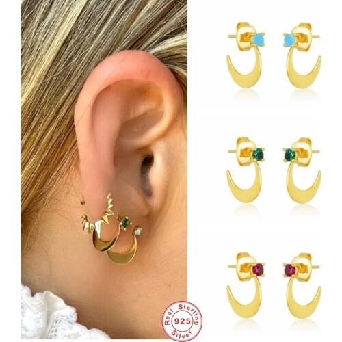 GS Machete Shape Crystal Stud Earrings For Women Small Moon Circle Zircon Ear Stud 925 Sterling Silver Piercing Pendientes