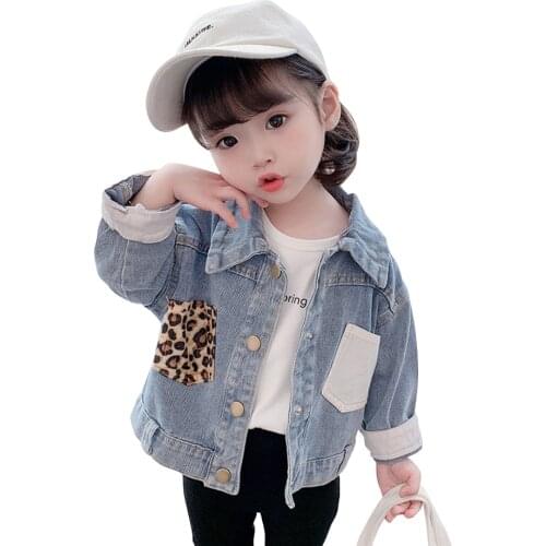 Toddler Girls Denim Jacket Outerwear Leopard Girls Coats Patchwork Kids Coats Casual Style Childrens Clothing
