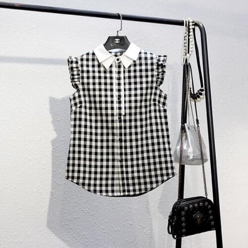 Summer New Black and White Small Plaid Double-layer Collar Flying Sleeves Cardigan Sleeveless Temperament Slim Blouse