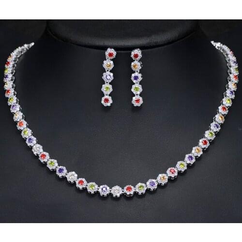 Classic Fashion AAA Zircon Engagement Wedding Set Silver Plated White Gold Necklace Earring Jewelry Set