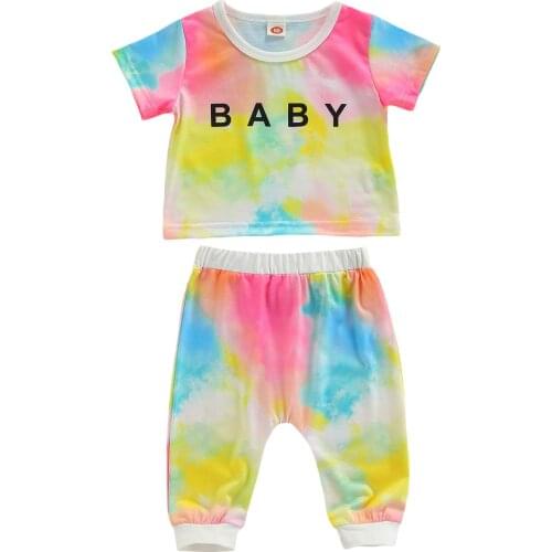 Baby Girls Tie-dye Clothes Set, Letter Print Short Sleeve O-neck T-shirt + Elastic Waist Long Pants