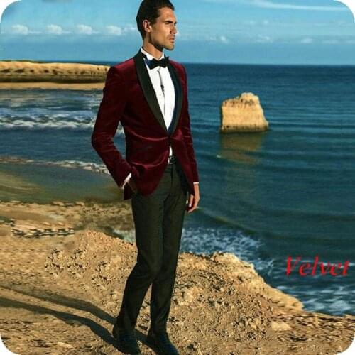 Winter Smoking Jacket Burgundy Velvet Men Suits for Wedding 2Piece Slim Fit Groom Tuxedo Groomsmen Suit Man Blazer Costume Homme