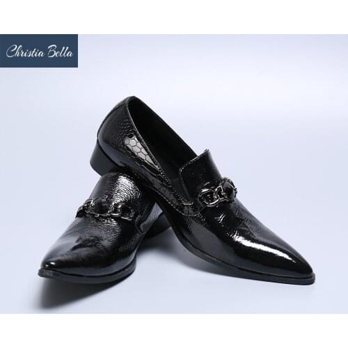 Christia Bella Fashion British Style Genuine Leather Men Business Shoes Plus Size Chain Slip on Pointed Toe Formal Dress Shoes