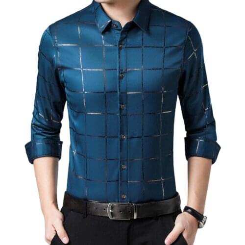 Shirt Men 3XL Autumn Dress Shirt Large Plaid Satin Surface Casual Non-iron Turndown Collar Single-breasted Shirt for Business