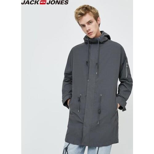 JackJones Mens Cotton Letter Embroidery Pure Color Casual Hooded Mid-length Trench Coat|220121545