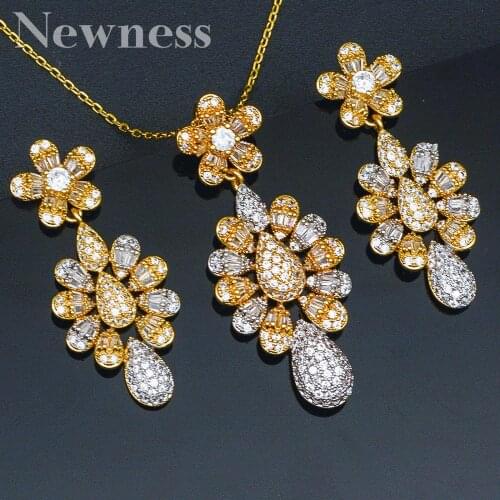 Newness Luxury Water Drop Flower 2PCS NECKLACE EARRING Sets Cubic Zirconia Women Wedding Engagement Earring Necklace Jewelry Set