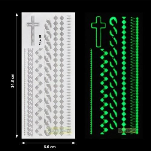 [ glaryyears ] New 1 PC Silver Noctilucent Temporary Metallic Tattoo YG-10 Cross Crucifix Chain Fire Chain Bracelet Night Bright