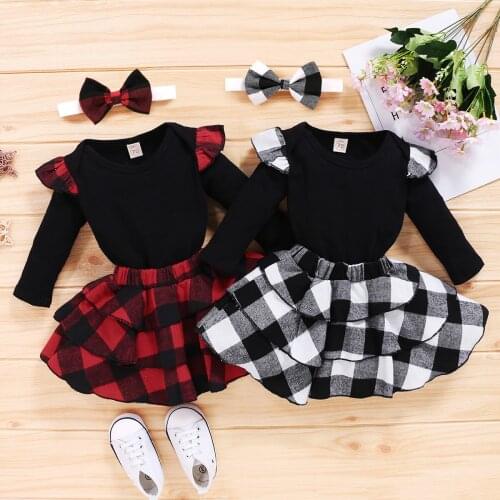 Three Piece Baby Girl’s Clothes Fresh Solid Color Long-sleeved Jumpsuit and Plaid Short Skirt with Headband