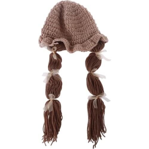 Autumn Winter Handmade Knitted Baby Girls Wig Bowknot Hat Newborn Wigs Brades Kid Ear Protection Crochet Cap with Plaits