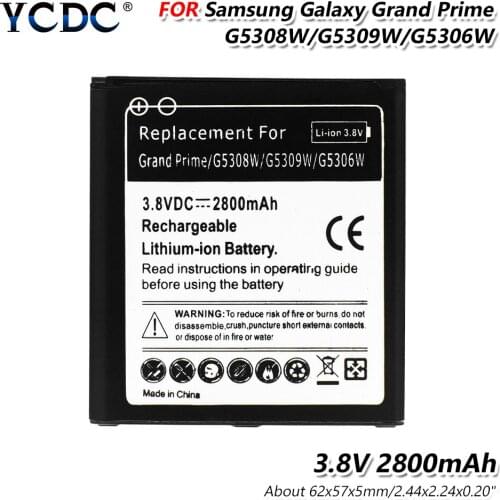 Premium 62x57x5mm 3.8V 2800mAh Replacement Lithium Li-ion Battery For Samsung Galaxy Grand Prime G5308W/G5309W/G5306W/G530H