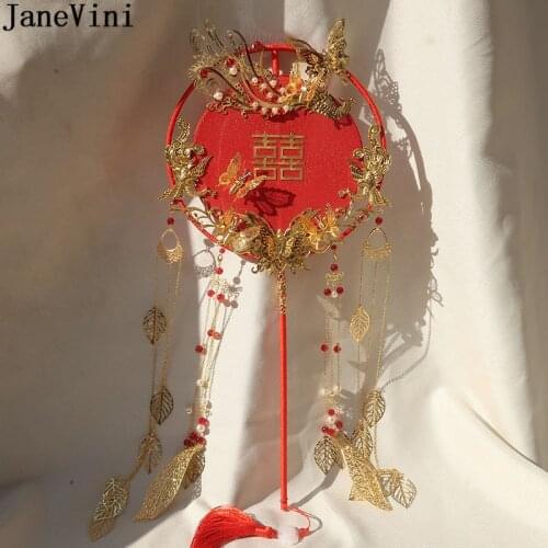 JaneVini Ancient Red Chinese Bridal Fan Luxury Gold Butterfly Phoenix Leaves Long Handle Tassel Round Fan Beads Wedding Bouquet