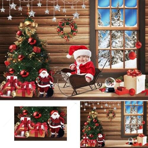 Christmas Tree Gifts Rustic Wooden Photography Backdrop Xmas Winter Window Background Decorations Portrait Photo Studio Props