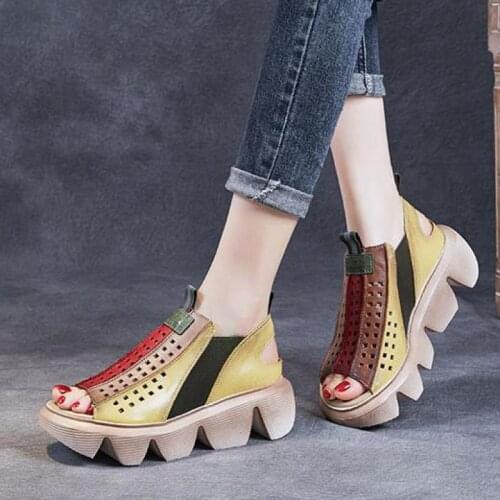 Retro Genuine Leather Shoes Women Sandals Mixed Colors Elastic Band Wedges Footwear 2021 Summer Sewing Handmade Ladies Sandals