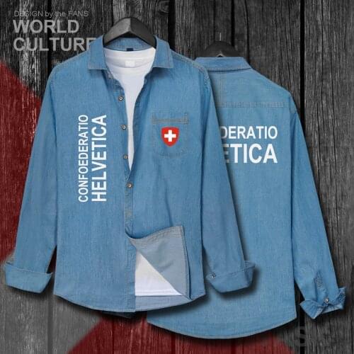 Swiss Confederation Switzerland CHE CH Confoederatio Helvetica Men Clothes Autumn Cotton Jean Shirt Long Sleeve Cowboy Coat 20