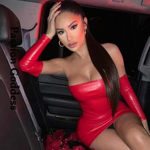 Sexy Women PU Leather Bodycon Dress With Gloves Sleeve Off Shoulder Strapless Dress Party Nightclub Package Hip Mini Dresses