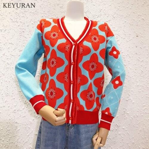 Crop Top Knitted Cardigan Sweater for Women V Neck Long Sleeve Flower Jacquard Knitted Cardigan Coat Causel Loose Knitwear