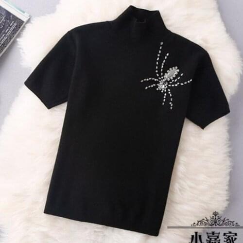 Spring new fashion spider heavy work beaded diamond high collar pullover wool short sleeve knitted shirt women