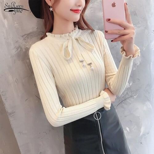 Knit Solid Sweater Women 2021 Autumn Long Sleeve Sweater Bow Slim Bottoming Pullover Korean Ruffled Office Lady Clothing 10367