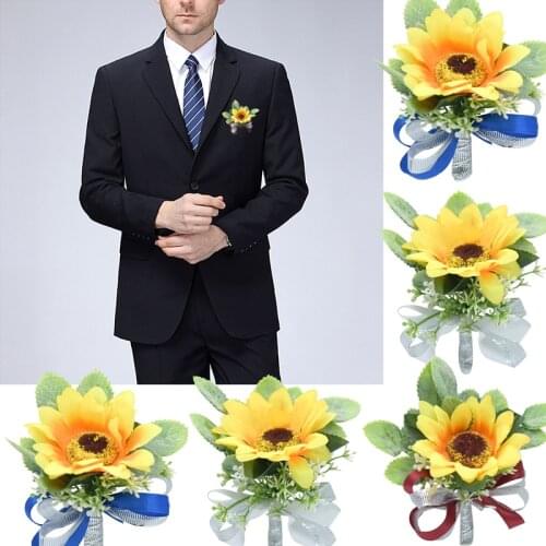 Women Men Yellow Sunflowers Boutonniere For Party Wedding Cloth Decor Boutonniere Pin Bridal Wrist Corsage Bridesmaid Bracelet