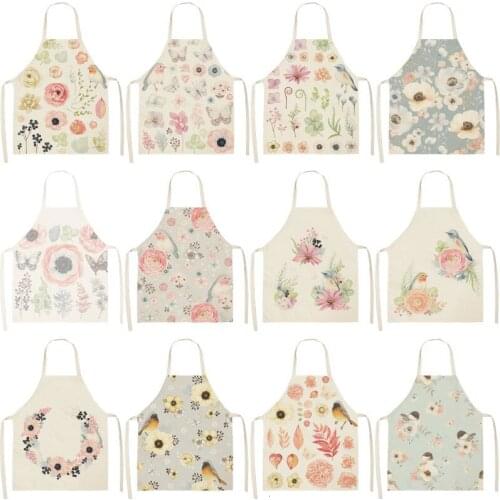 Bird Flower Printed Cotton Linen Brief Pinafore Kitchen Sleeveless Apron Women Home Cooking Baking Waist Bib 53*65cm
