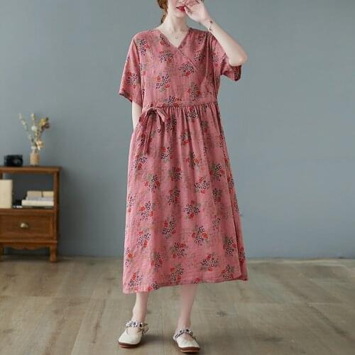 2021 New Arrival Thin Soft Cozy Loose Summer Dress V-neck Print Floral Vintage Office Lady Work Dress Women Casual Midi Dress