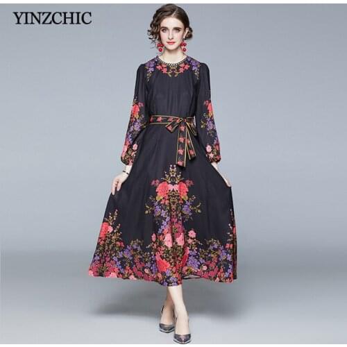 New Woman Spring Floral Dress Sash Waisted Female Travel Party Maxi Dress O-neck Ladies Vintage A-line Skirt Black Dresses