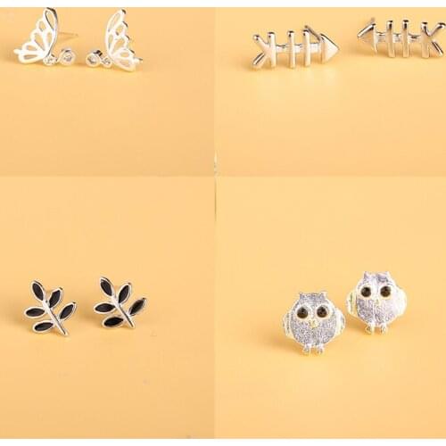 925 Sterling Silver Pin Black and white elements lovely flowers, fish bone, Bird Earrings, exquisite jewelry, Christmas gift