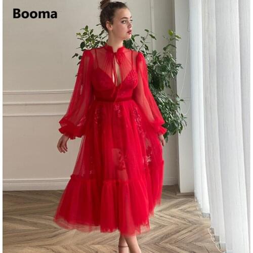Booma Red Dotted Tulle Midi Prom Dresses Cuffed Long Sleeves Sequin Appliques Tea-Length A-Line Prom Gowns Wedding Party Dresses