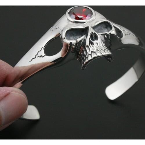 925 Sterling Silver Red CZ Skull Bangle Mens Biker Rokcer Punk Bangle 9A005 Fit 6.5 ~ 7.5 inches Wrist
