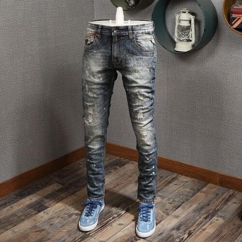 Italian Style Fashion Men Jeans High Quality Slim Fit Retro Wash Destroyed Ripped Jeans Men Paint Designer Hip Hop Jeans Homme