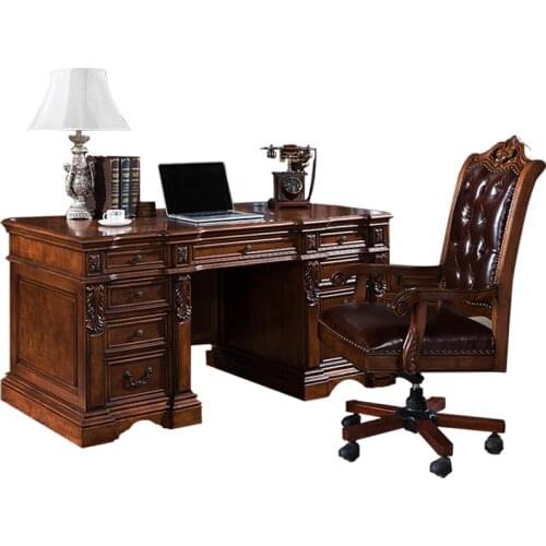 European carved solid wood desk and chair American luxury study chair computer desk combination furniture