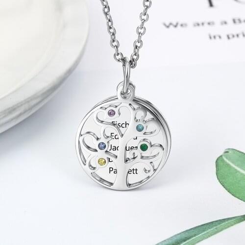 Tree of Life Disc Family Necklace Personalized 5 Birthstones 5 Names Engraved Mothers Necklaces & Pendants Gift For Mom