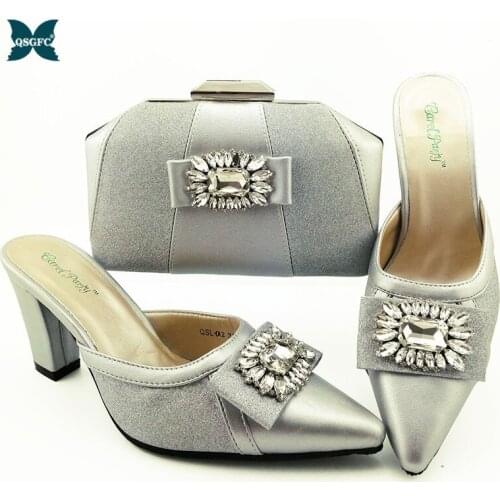 New Woman Italian design Shoes and Bags Set Decorated with Rhinestone Sales In Women Matching Shoes and Bag Set in Silver Color