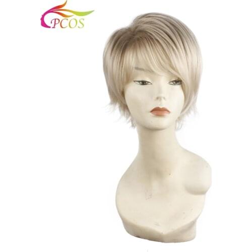 Short blonde female haircut puffy straight natural Dark Root Synthetic hair wigs for American Africa women