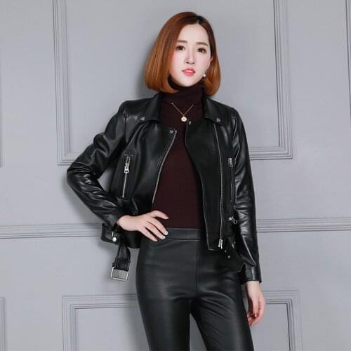 Genuine Leather Jacket Women Fashion New Turn-down Collar Casual Moto Short Slim Coat Office Lady Zip Sheepskin Leather Jacket