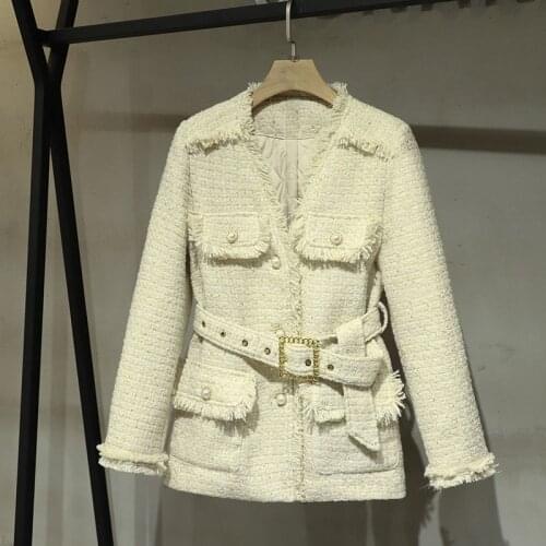 Autumn Winner 2021 Fashion Women V Neck Tassel Tweed Jacket Coat With Belts Female High Quality Outerwear