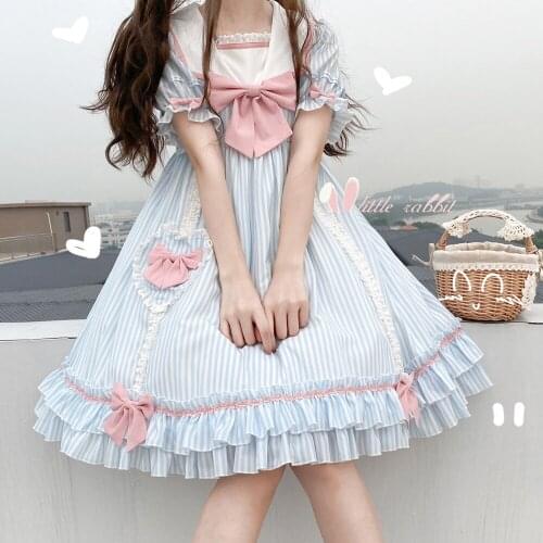 Summer Sweetheart Soft Girl Sweet Lolita Short Sleeve OP Dress Cosplay Small Fresh Stripe Sailor Collar Princess Party Dress