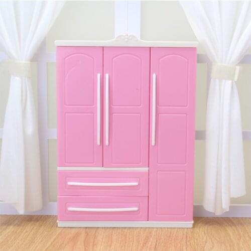Furniture For Barbie Doll Three-door Pink Modern Wardrobe for armario Accessories with Dressing Mirror мебель для барби Girls To