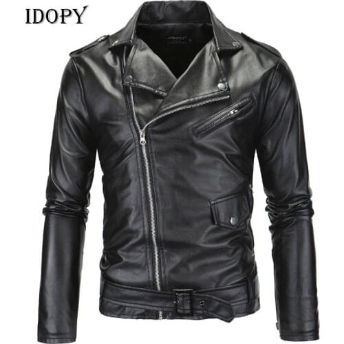 Idopy Fashion Motorcycle Faux Leather Jacket Male Slim Fit Biker Zipper Autumn Men PU Coats