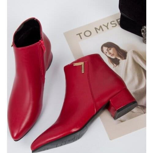 Fashion Women Boots Casual Leather Low High Heels Spring Shoes Woman Pointed Toe Rubber Ankle Boots Black Red Zapatos Mujer