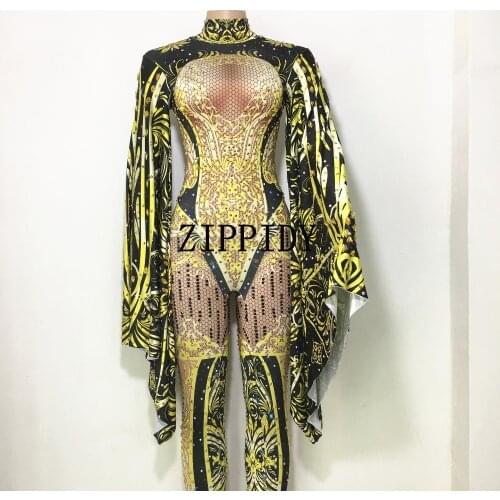 Fashion Queen Gold Jumpsuit Outfit Celebrate Rhinestones Costume Female Singer Big Sleeves Bodysuit Performance