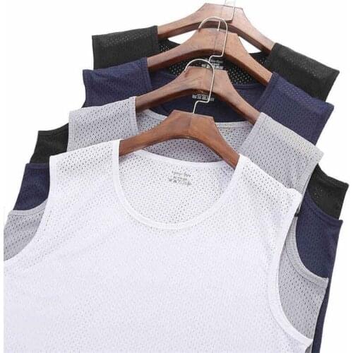 Mens Breathable Mesh Vest Male Ice Silk Quick-drying O- Neck Hollow Sleeveless Vest Wide Shoulder Waistcoat Fitness Slim