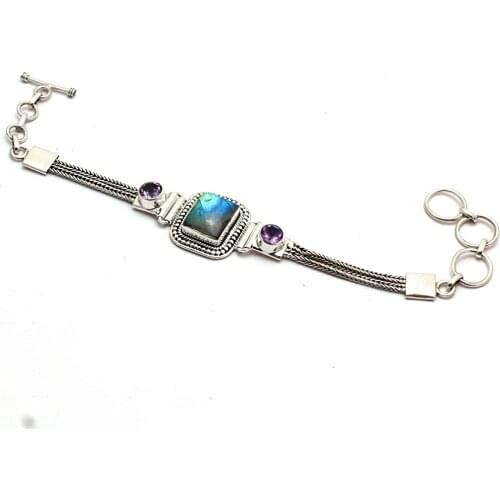Genuine Labradorite + Amethyst Bracelet 925 Sterling Silver, 19 cm, GRP0243
